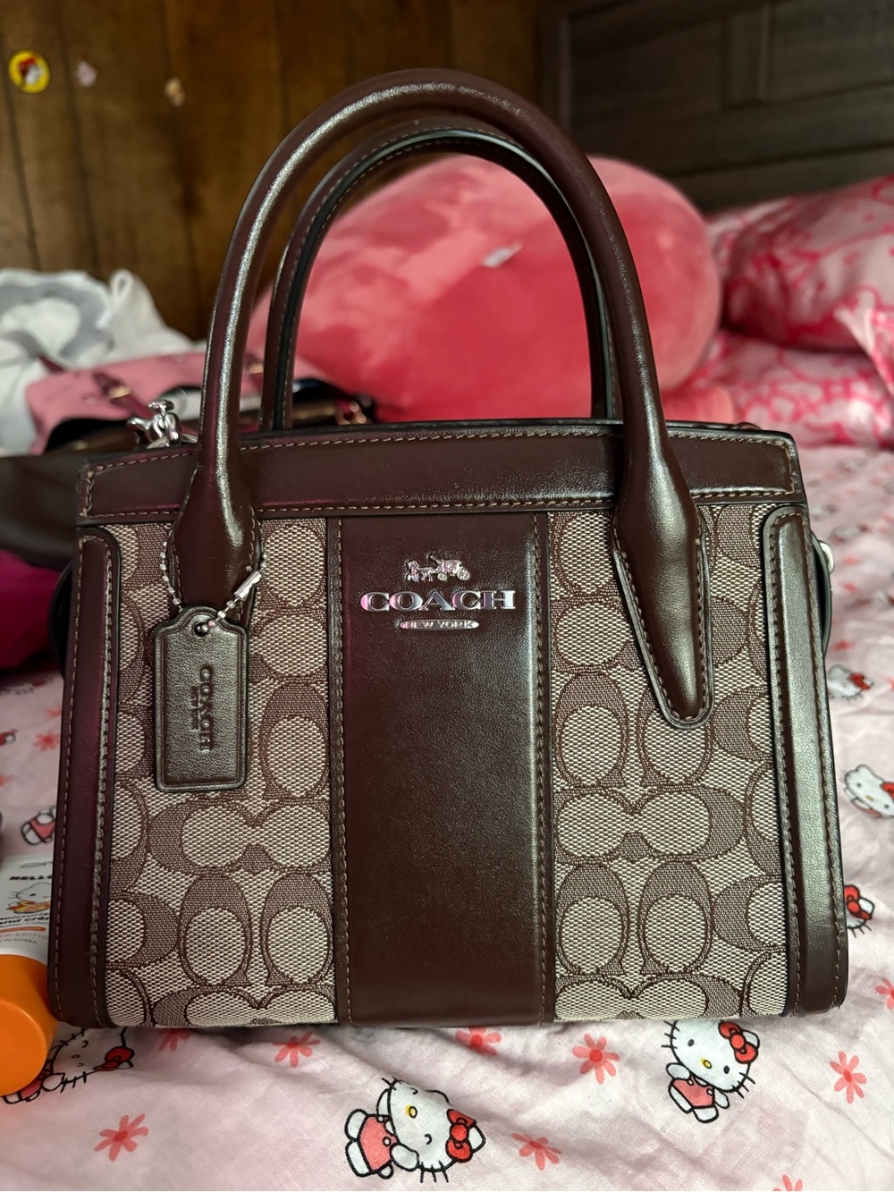 Coach Dark Brown Signature Canvas Satchel with Leather Trim